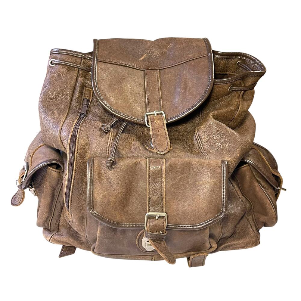 Vintage Marlboro Unlimited Gear Leather Backpack Rucksack Brown Cowhide 90s